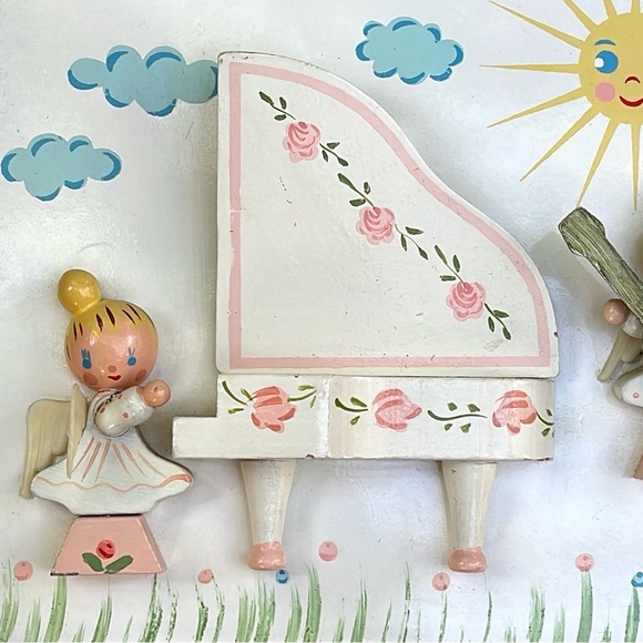 Vintage IRMI Wooden Musical Angels Wall Plaque Hand-Painted Nursery Decor Pink - Picture 2 of 14